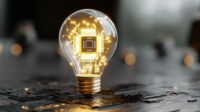 A light bulb with a computer chip inside of it. The light bulb is on a black surface. Light bulb missing semiconductor chip inside, semiconductor shortage dramatic symbolic lighting