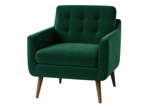 Green velvet cushion armchair with wooden legs on transparent background