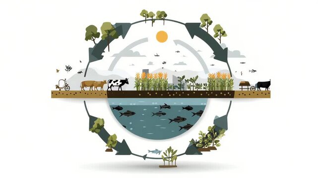 A graphic of a circle with a river and a field in the middle. There are fish in the water. Minimal flat illustration of integrated crop‑livestock‑fish farming system cycle, clean white background