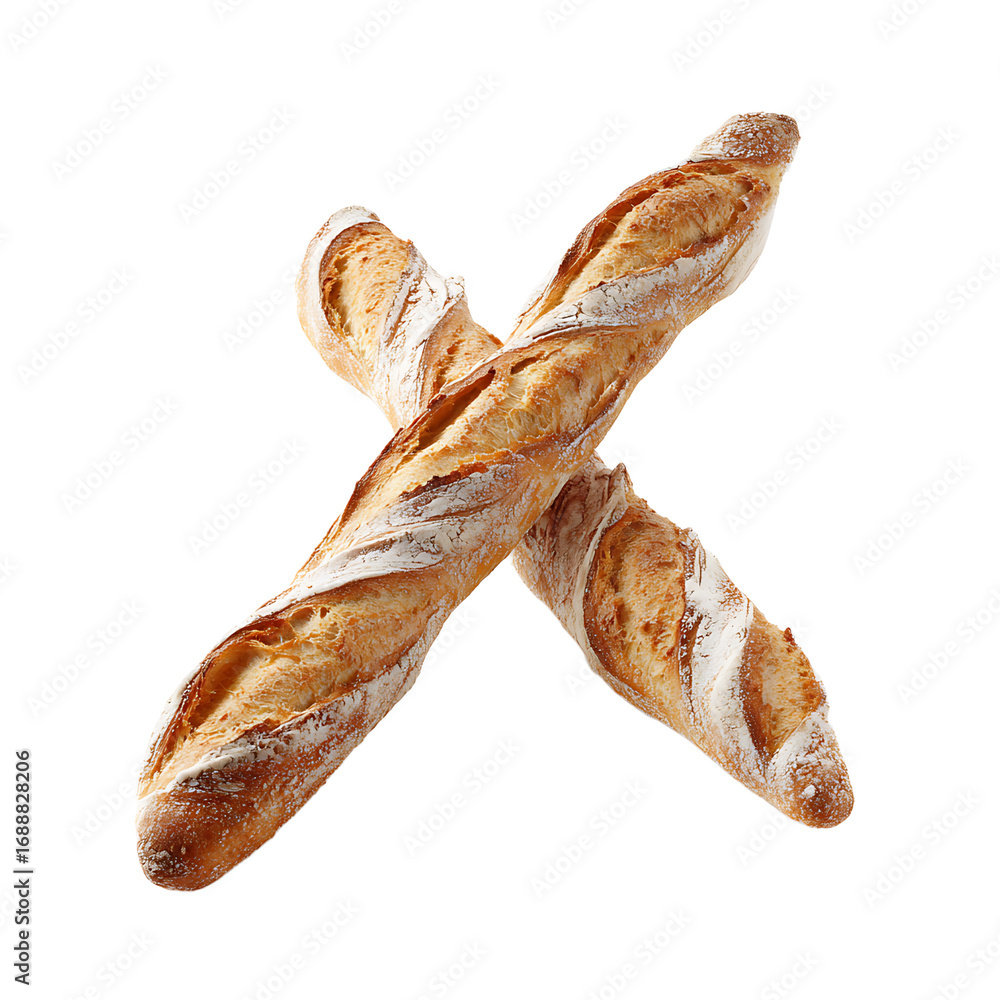 Poster two crusty golden - brown baguettes are arranged in an ' x ' pattern showcasing their rough textures