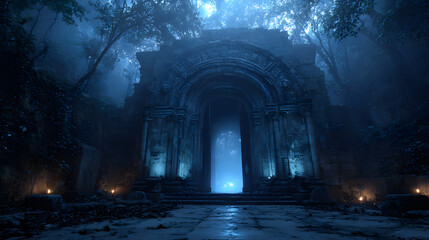 A cinematic Halloween 2026 wallpaper showing an ancient crypt entrance lit by eerie blue fire