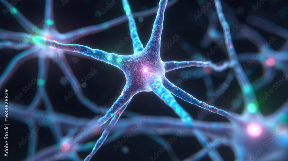 Poster detailed 3d illustration of interconnected neurons with glowing synapses representing brain activity