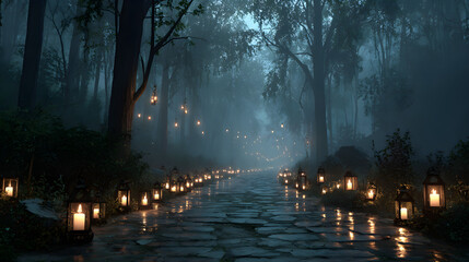 A cinematic Halloween 2026 wallpaper featuring a foggy forest trail lit by floating candles