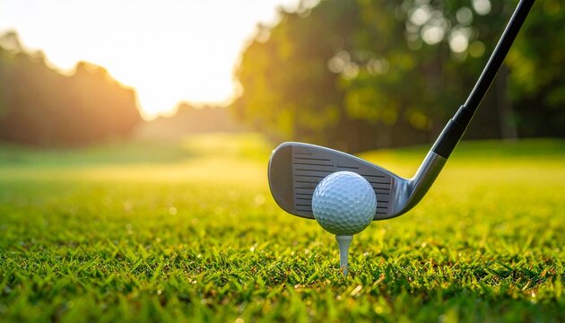 Golf club hitting a white ball on a tee with a green course background and sun shining through trees