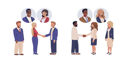 Obraz premium Diverse business people shaking hands and thinking about colleagues and partners in a professional meeting