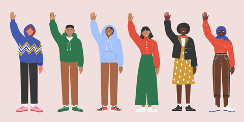 Diverse group of people raising hands in unity and greeting