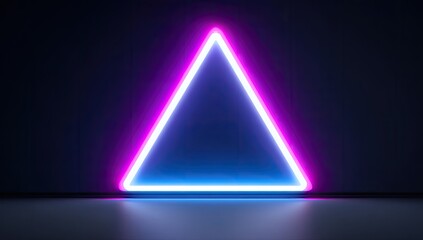 A vibrant, geometric neon triangle design against a dark backdrop, showcasing a striking color combination of pink and blue.