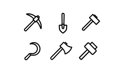 Set of linear garden and construction tools: pickaxe, shovel, sickle, axe, hammer icons