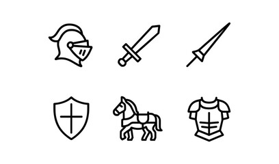 Medieval line icons: knight, sword, shield, and armor set