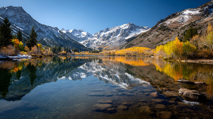 Fototapeta premium A scenic view of a lake reflecting snow capped mountains and autumn trees under a clear blue sky