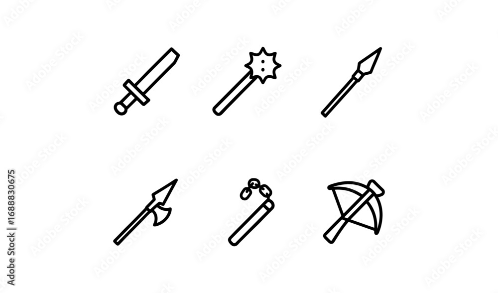 Poster minimalist outline collection of medieval weapons for design projects