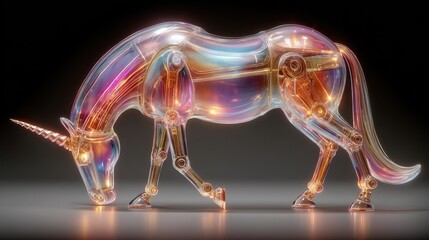 Unique robotic unicorn sculpture showcasing vibrant colors and intricate details in an artistic display