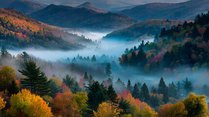 Obraz premium A scenic view of mountains covered in colorful trees with a layer of fog in the valley below