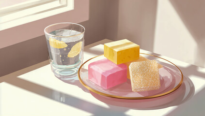 Refreshing glass of water with lemon slices next to colorful soaps on a plate bathed in sunlight