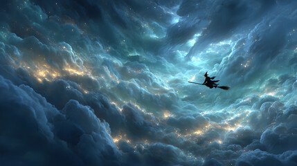 A cinematic Halloween 2026 wallpaper featuring a magical broom flying through glowing clouds