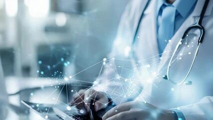 Doctor using laptop with futuristic interface for medical research - Powered by Adobe