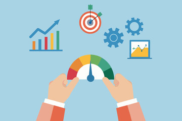 Hands adjusting a performance gauge with business growth charts and target icons symbolizing success