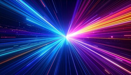 Obraz premium Vibrant abstract digital art featuring radiating streaks of blue, purple, and orange neon light creating a futuristic hyperspace effect
