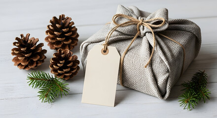 Elegant Christmas Gift Wrapped in Silver Fabric with Pinecones and Greenery for Holiday Celebration or Festive Decoration