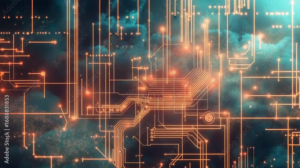 Aufkleber futuristic orange circuits glowing on cloud background representing cloud computing