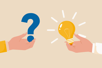 Two hands one holding a question mark and the other a glowing light bulb representing an idea