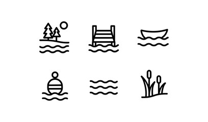 Minimalist nature icons featuring lakeside scenery and outdoor elements