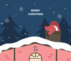 Christmas illustration card template with santa on the roof.