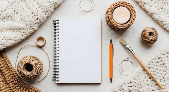 Cozy knitting workspace with balls of yarn knitting needles notebook and pen on soft textured blanket for craft and hobby enthusiasts