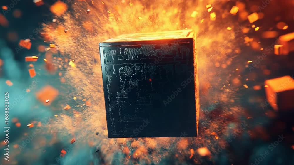 Poster mysterious black cube exploding in fiery and smoky atmosphere