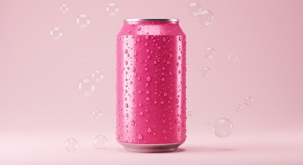 Pink Soda Can with Water Droplets and Bubbles on Pink Background