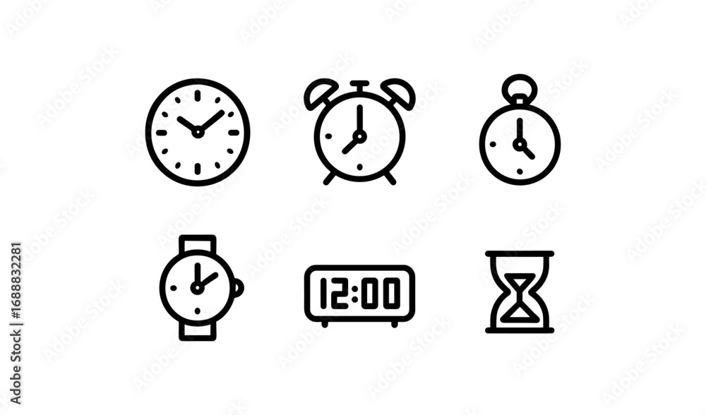 Poster minimalist clock set: modern line icons of timekeeping devices