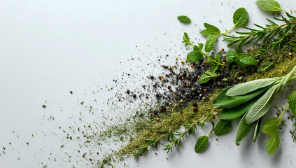 Fresh and dried herbs and spices scattered on a light background with copy space