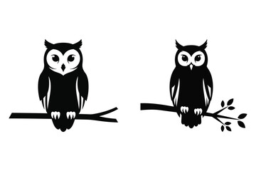 Two black silhouette owls perched on tree branches against a white background bird animal