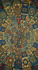 Intricate kaleidoscopic radial pattern with geometric shapes and vibrant color palette