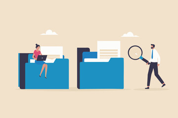 Business professionals organizing and searching through digital and physical documents in a modern office setting