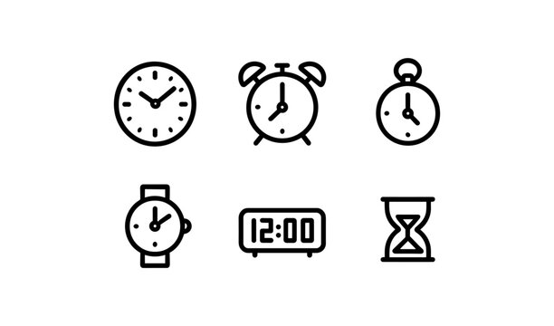 Minimalist clock set: modern line icons of timekeeping devices