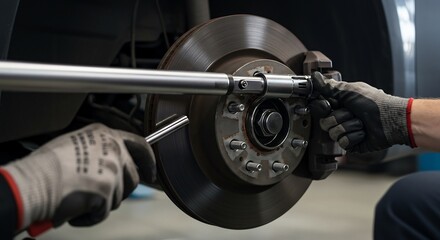 Precise Automotive Repair: Mechanic Tightening Brake Rotor Bolt with Torque Wrench