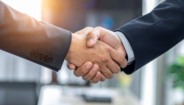 Two business professionals finalize a successful contract agreement with a firm handshake in a modern, sunlit office setting