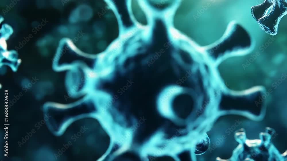 Poster microscopic view of virus cells floating in dark environment