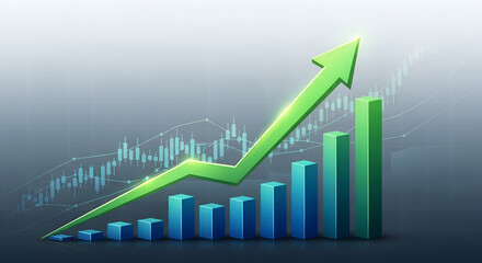 Abstract Financial Dashboard with Rising Green Arrow and Digital Market Growth