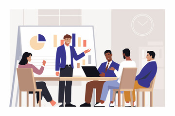 Diverse business team in a meeting room presenting financial data and charts on a whiteboard