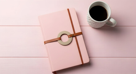 Elegant pink planner with brown strap and ring closure next to a cup of black coffee on a pastel pink wooden surface for lifestyle and organization themes