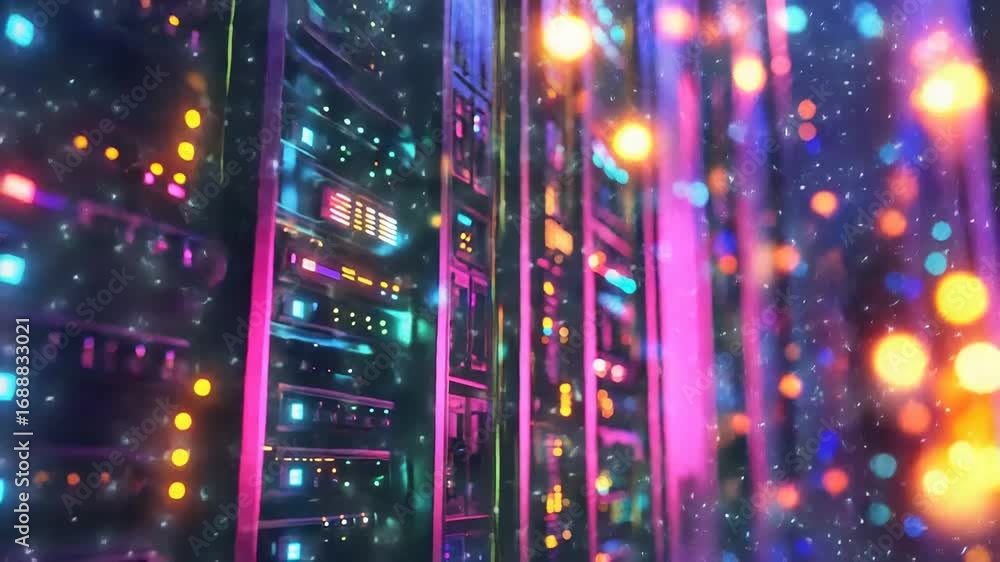 Aufkleber server room blinking with colorful lights and bokeh effect