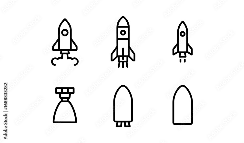 Poster minimalist rocket line art icons set for tech and space themes