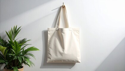 Blank canvas tote bag hanging on a white wall with a green plant, minimalist mockup for design presentation with natural light and shadow