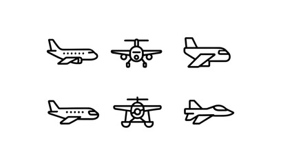 Minimalist airplane icons set featuring various aircraft designs