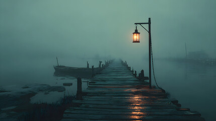 A photorealistic Halloween 2026 wallpaper of a foggy dock with a lone lantern swaying in the wind