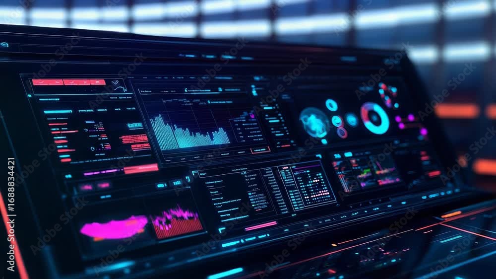 Poster futuristic control panel displaying complex data and information