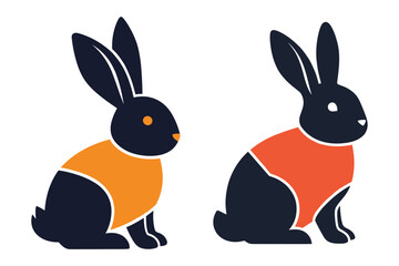 Two dark blue rabbits wearing orange vests on a white background bunny animal
