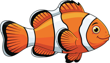 Colorful cartoon clownfish illustration with bright orange and white stripes, smiling face, perfect for marine life and ocean-themed projects.